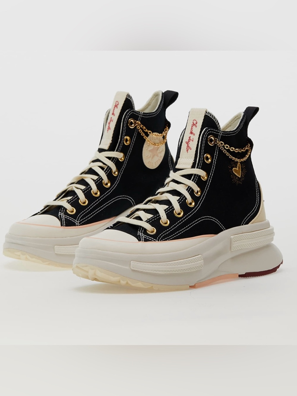 Converse Black and Cream High-Top Platform Sneakers with Gold Charm Women 8.0